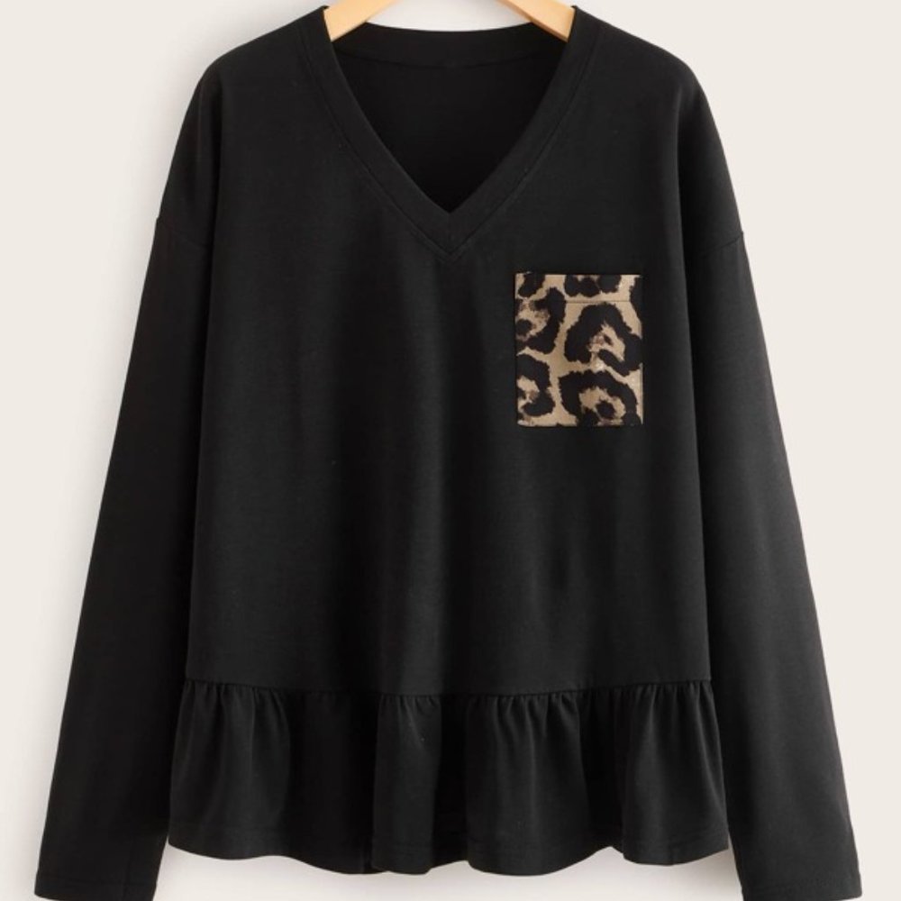 NEW SHEIN Peplum Knit Top w Leopard Print Pocket  CUTE!!